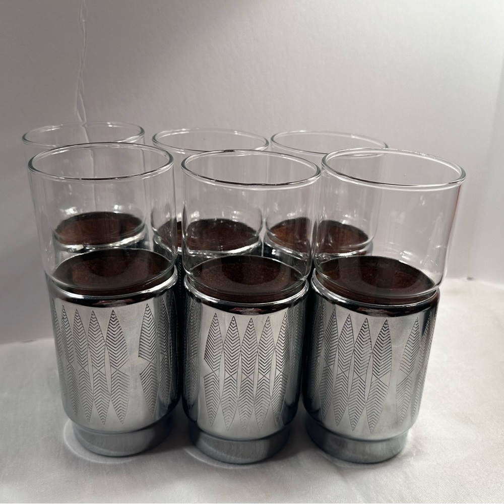 Vintage Set Of 6 Hellerware Chromium Crystal Glasses with Etched Feather Pattern